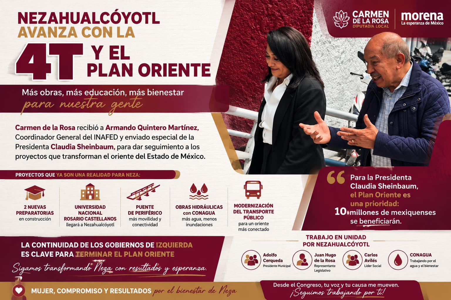 Carmen de la Rosa reafirma su compromiso con la transformación de Nezahualcóyotl y el Plan Oriente